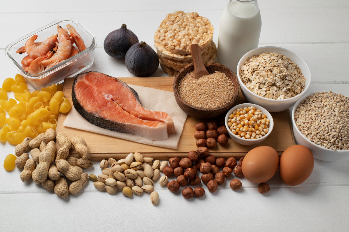 Vitamin B6 rich foods: salmon, shrimp, eggs, nuts, oats, barley, milk and figs